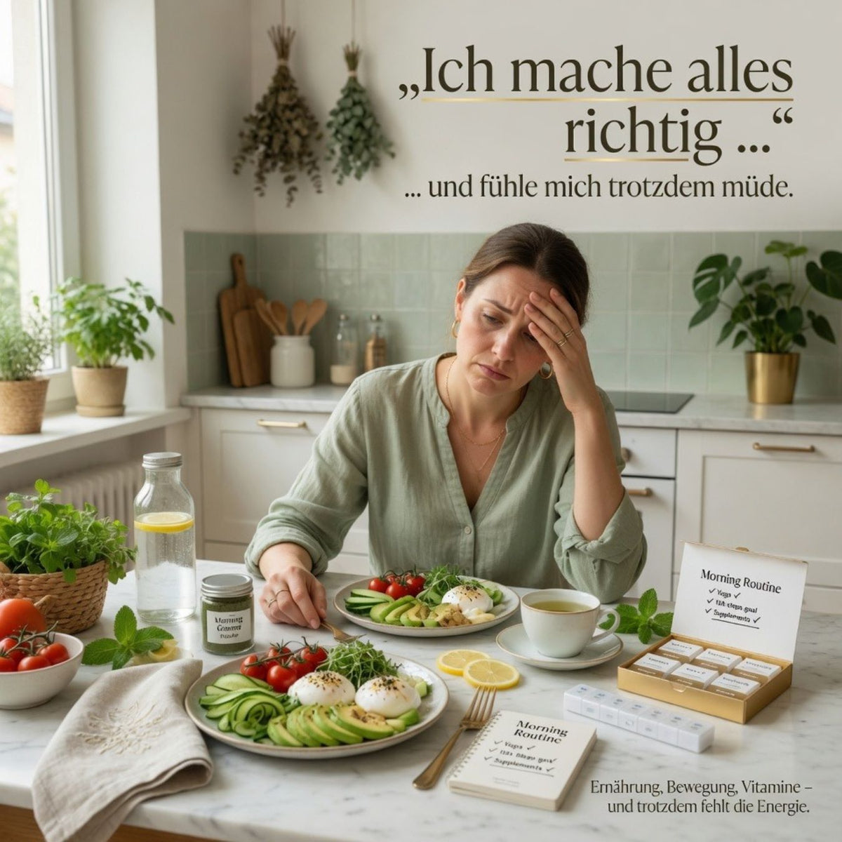 Frau in einer Alltagssituation, daneben Hashifit Leberbalance
