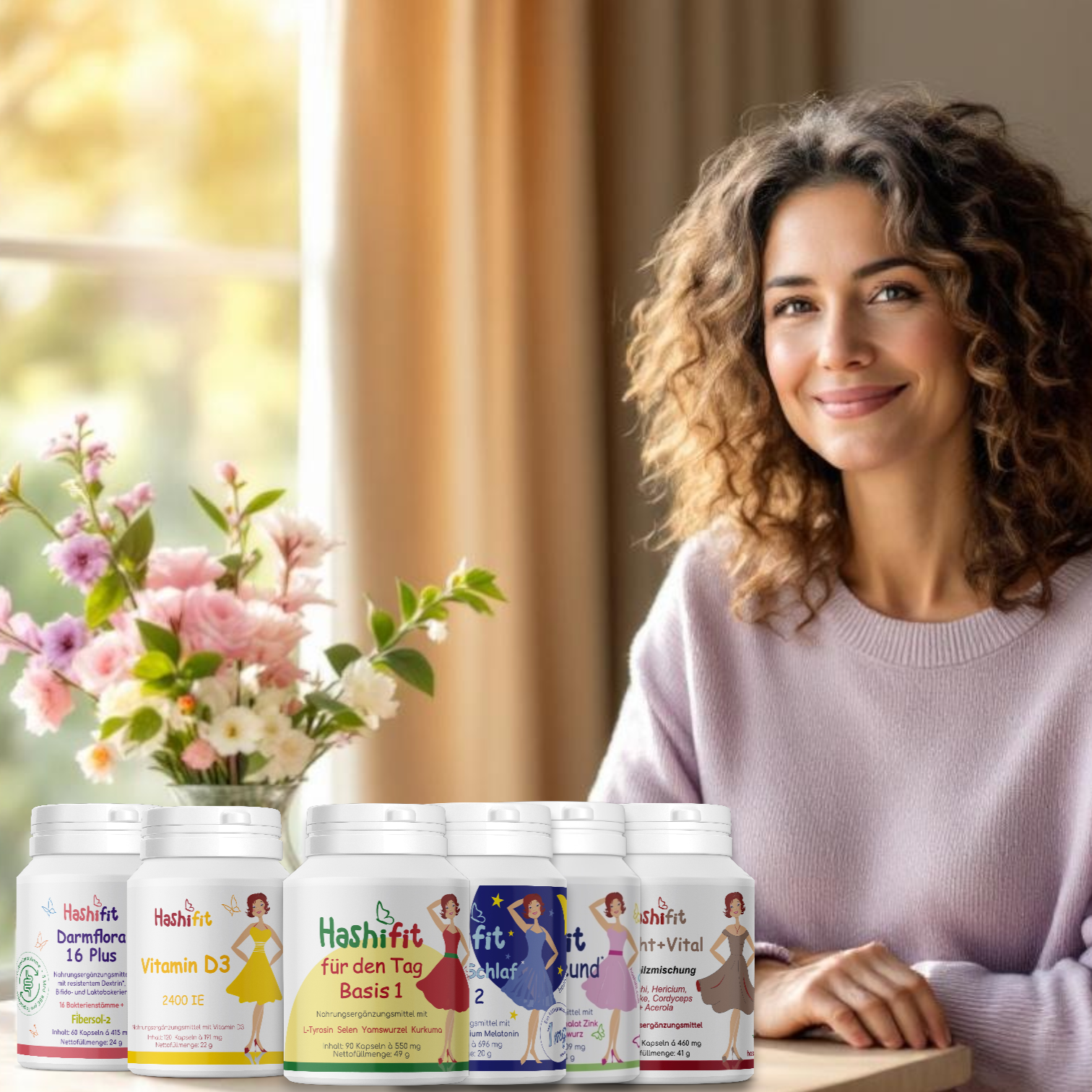 Frau in den Wechseljahren mit Hashifit Wechseljahre-Paket – Balance für Hormone und Schilddrüse