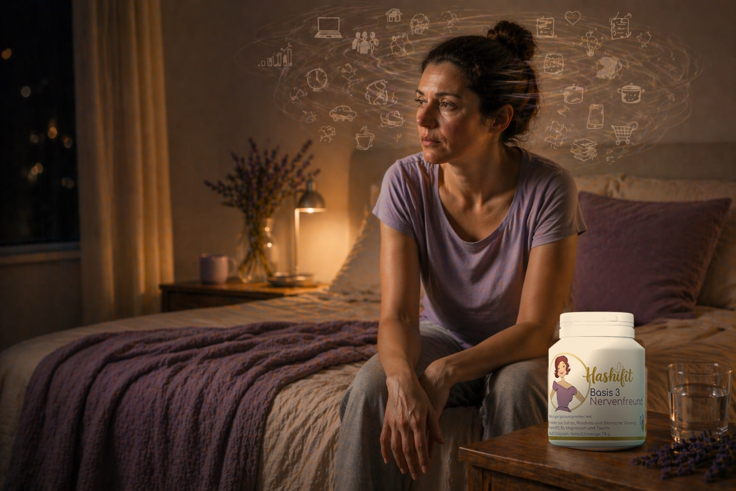 Frau sitzt abends im Bett mit kreisenden Gedanken und innerer Unruhe – Sinnbild für Stress und ein überlastetes Nervensystem bei Hashimoto