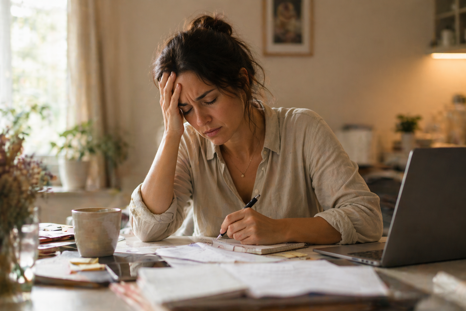 Erschöpfte Frau sitzt am Tisch mit Laptop und Unterlagen, hält sich den Kopf und wirkt überfordert im Alltag und mental belastet