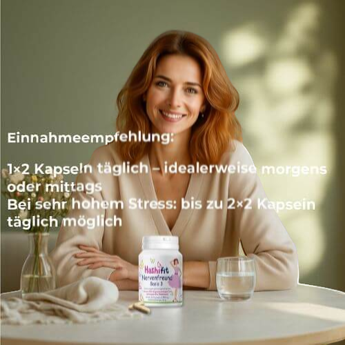 Frau mit Hashifit Basis 3 – Nervenfreund, Einnahmeempfehlung für Ruhe, Konzentration und Stressbalance bei Hashimoto