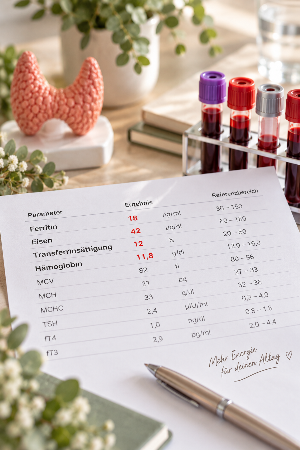 labor protokol für die schilddrüsen werte und feritin und eisen und weitere werte eine schilddrüse im hintergrund und laborröhrchn mit blut