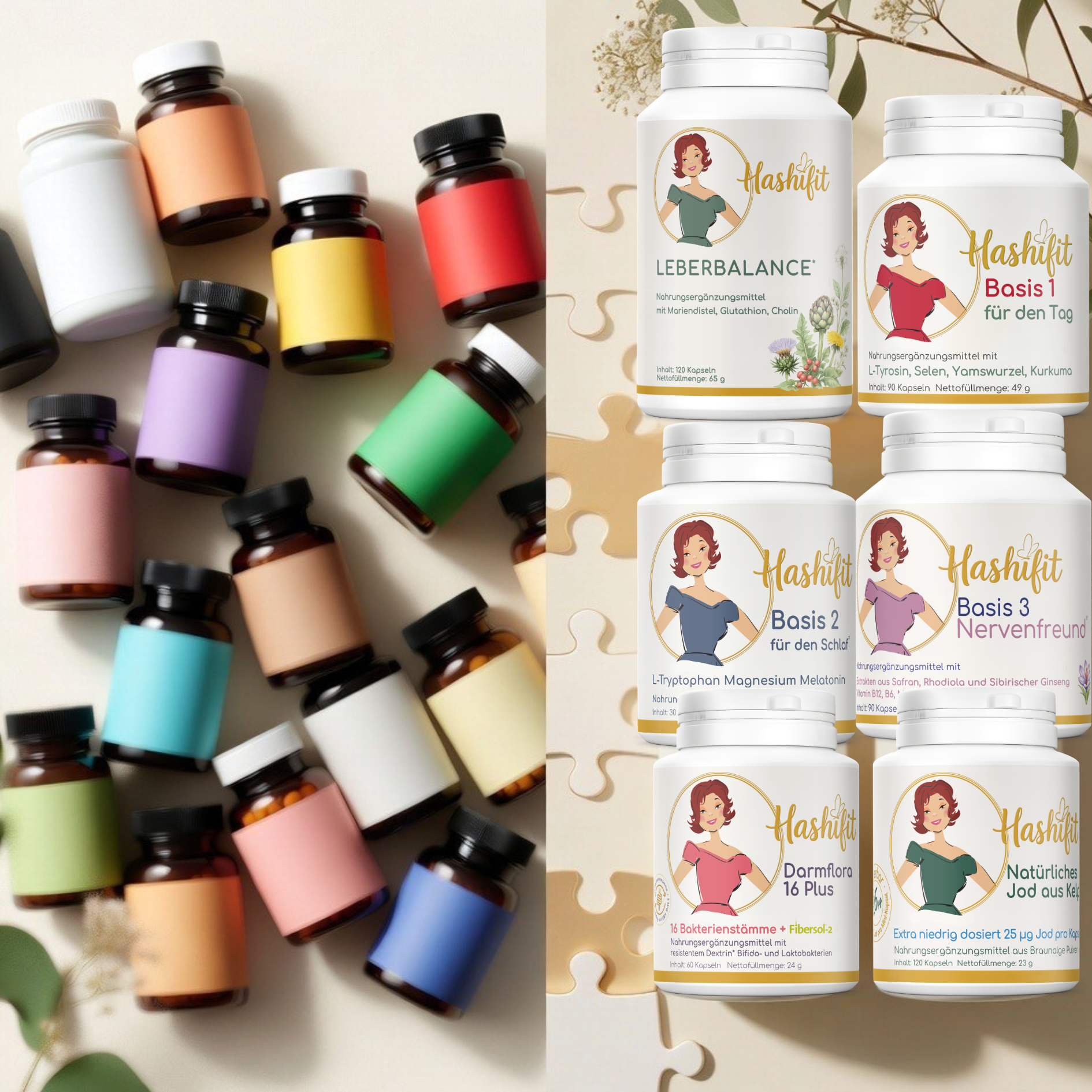 Von Überforderung zur Ordnung:
Früher unzählige Dosen – heute 1 System, 7 Produkte. eine frau in der küche eine seite schrak voller mindestens 50 dosen nEM undd jetzt nur 7 von hashifit