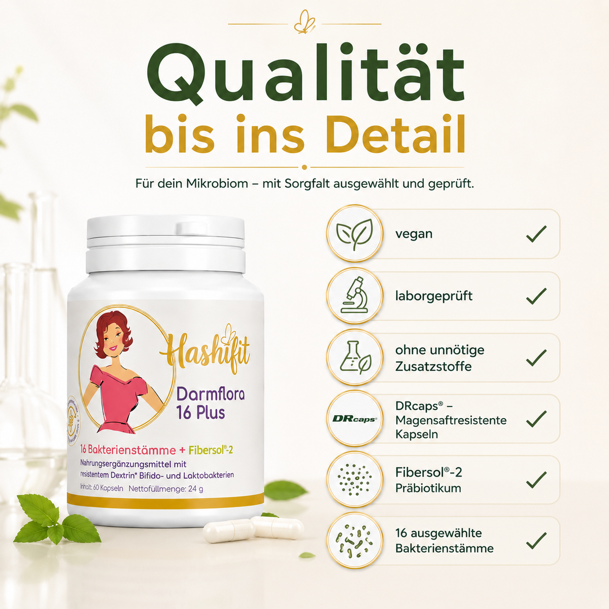 Hashifit Darmflora 16 Plus mit 16 Bakterienstämmen, Fibersol® 2, veganen DRcaps® und laborgeprüfter Qualität.