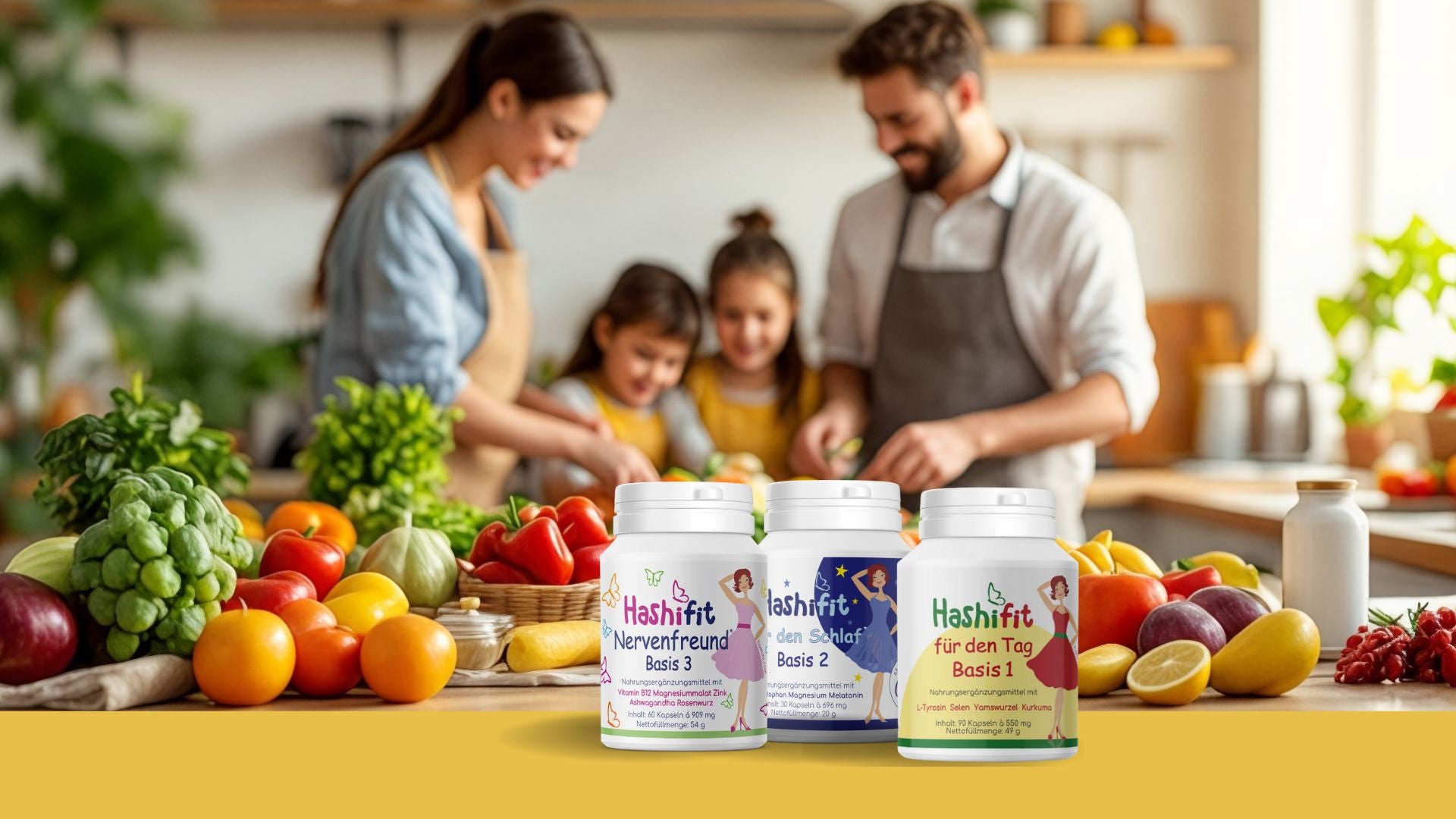 Familie im Hintergrund, im Vordergrund Hashifit Grundversorgung mit Basis 1, Basis 2 und Basis 3