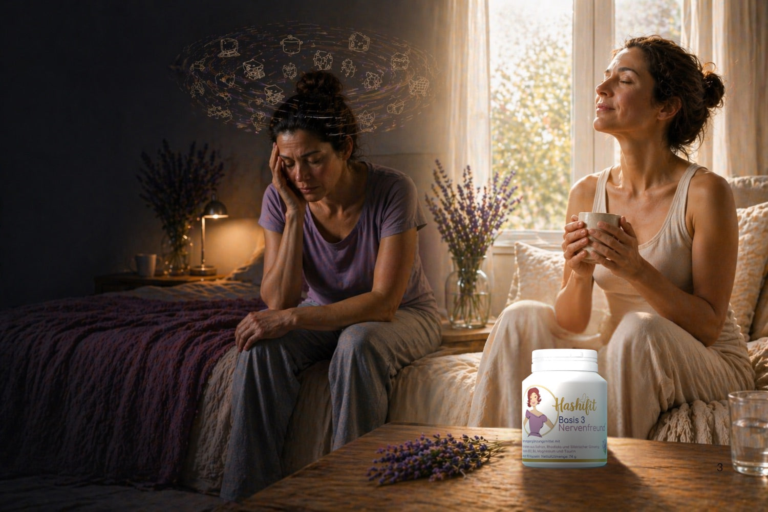 Frau mit innerer Unruhe und kreisenden Gedanken sitzt nachts im Bett, daneben am Morgen entspannt mit Tasse in der Hand, im Vordergrund Hashifit Basis 3 Nervenfreund zur Unterstützung des Nervensystems
