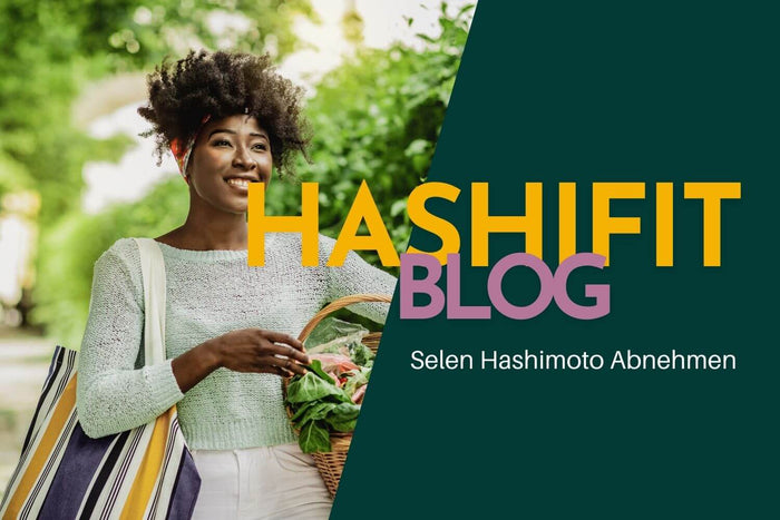 eine frau die mir einem einkaufskorb mit gesunden selenrechen lebensmittel Selen Hashimoto Abnehmen