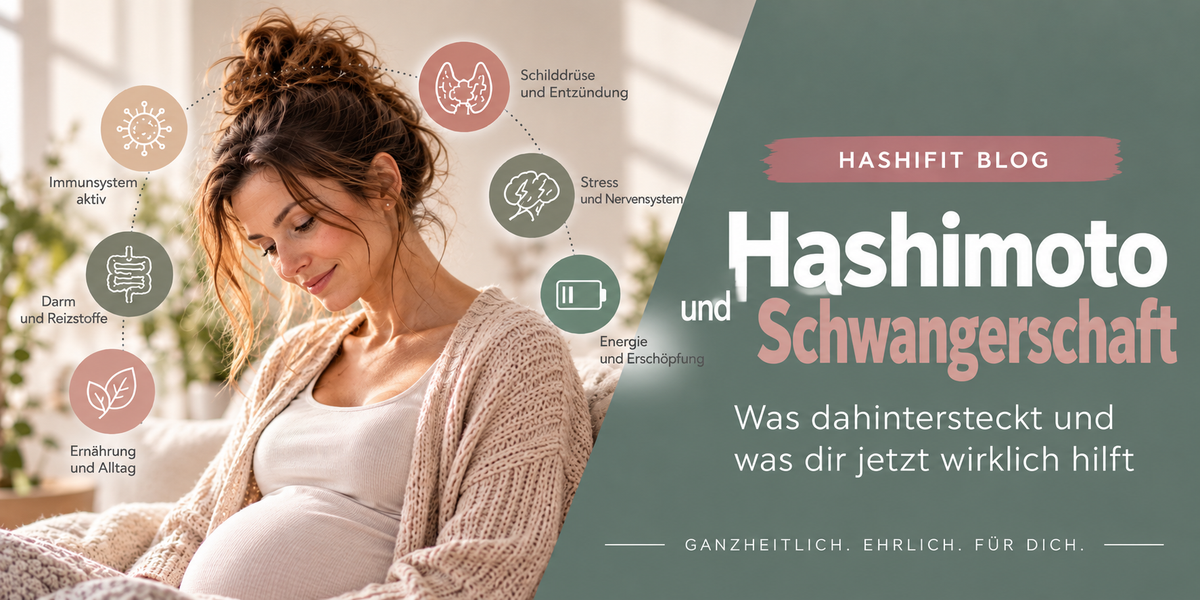 Schwangere Frau mit Babybauch und Symbolen für Schilddrüse, Immunsystem, Darm, Ernährung und Stress zum Thema Hashimoto und Schwangerschaft.