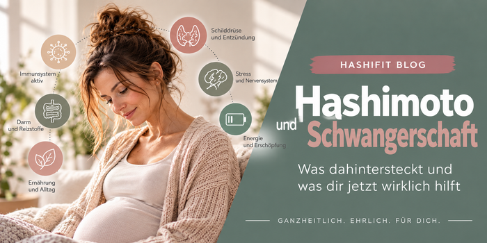 Schwangere Frau mit Babybauch und Symbolen für Schilddrüse, Immunsystem, Darm, Ernährung und Stress zum Thema Hashimoto und Schwangerschaft.