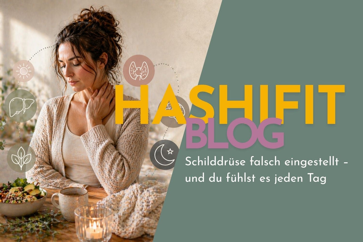 Frau mit Hashimoto hält sich nachdenklich an den Hals, daneben Symbole für Schilddrüse, Leber und Schlaf, Banner zum Thema falsch eingestellte Schilddrüse.