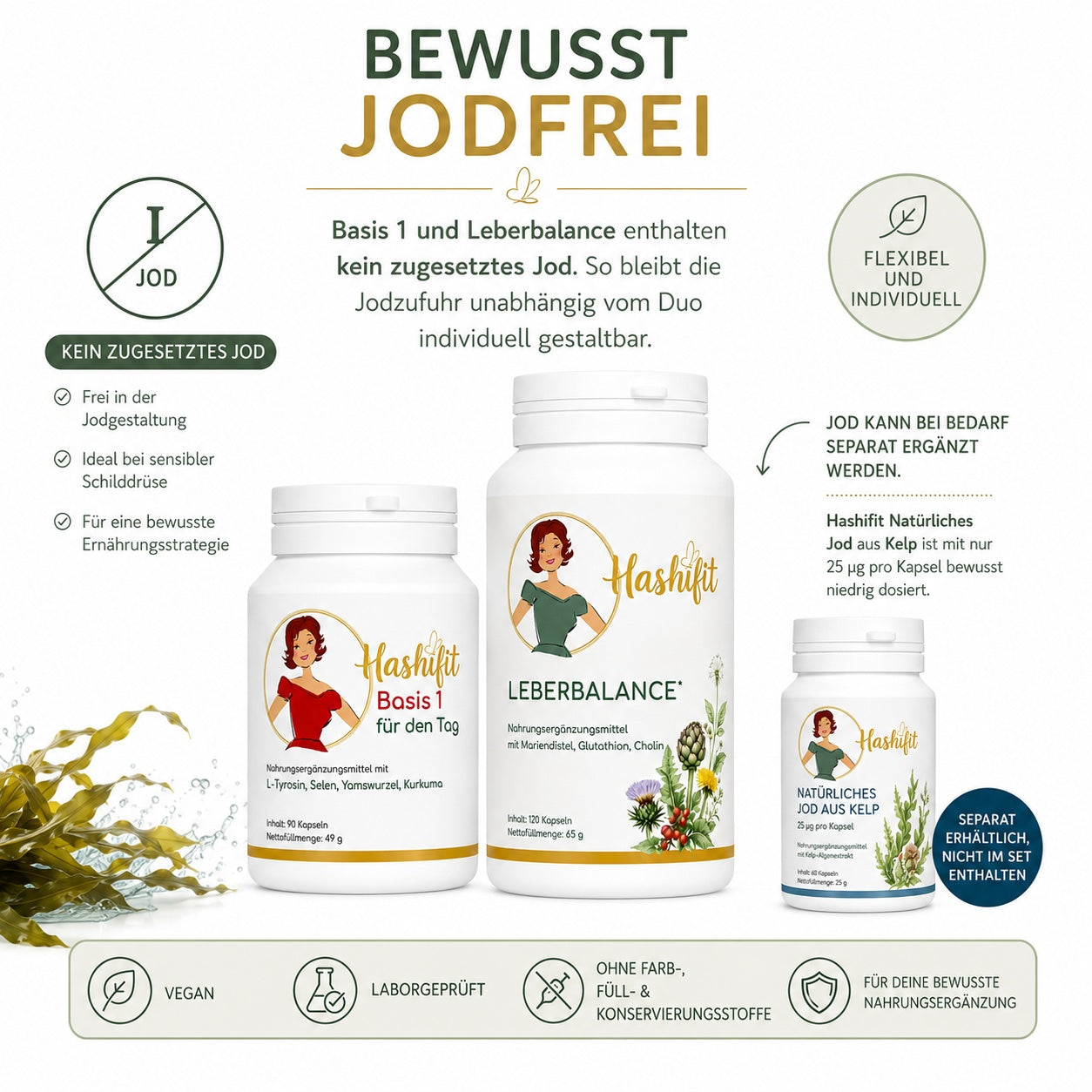Hashifit Basis 1 und Leberbalance ohne zugesetztes Jod. Darstellung der bewussten jodfreien Rezeptur mit der Möglichkeit, niedrig dosiertes natürliches Jod aus Kelp bei Bedarf individuell zu ergänzen.