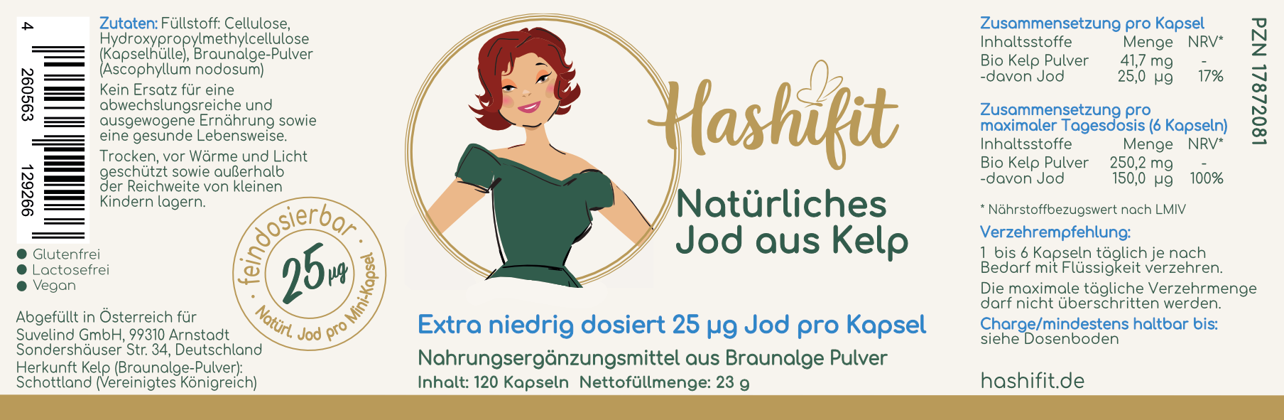 Hashifit natural iodine from organic kelp, 25µg per mini-capsule, vegan, gluten-free, lactose-free, 120 capsules
