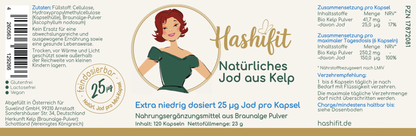 Hashifit natural iodine from organic kelp, 25µg per mini-capsule, vegan, gluten-free, lactose-free, 120 capsules