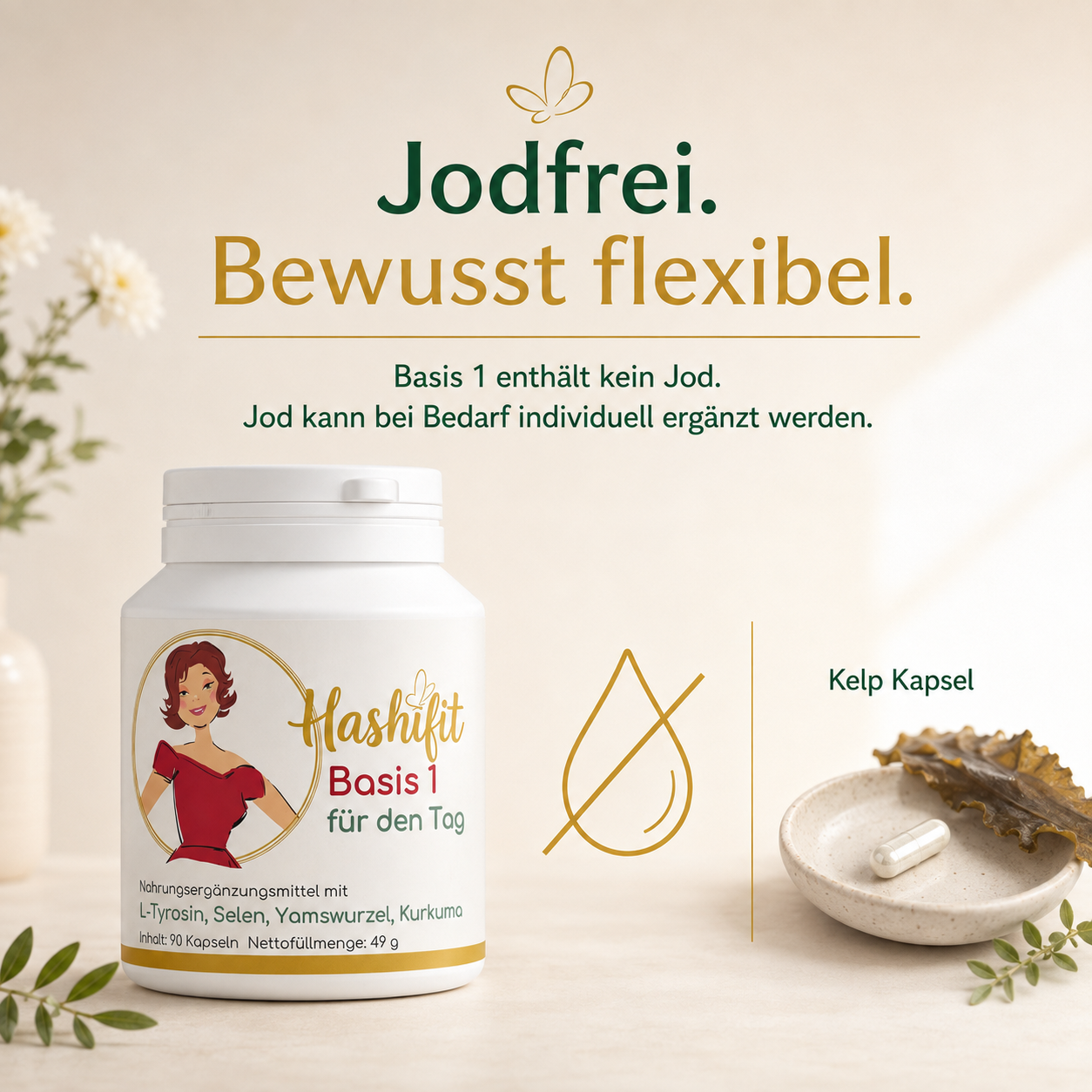 Hashifit Basis 1 ist jodfrei formuliert und ermöglicht eine individuelle, separate Ergänzung von Jod.