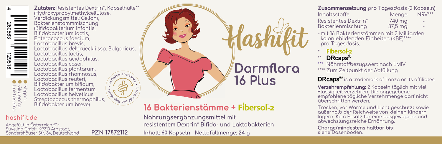 Hashifit Darmflora 16 Plus capsules with 16 bacterial strains and Fibersol-2 for gut health and immune support