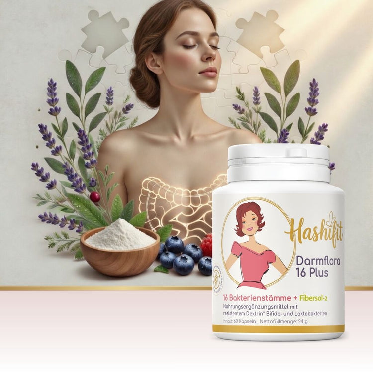 Hashifit Darmflora 16 Plus mit 16 Bakterienstämmen und Ballaststoffen – Unterstützung der Darmflora und Verdauung bei Hashimoto