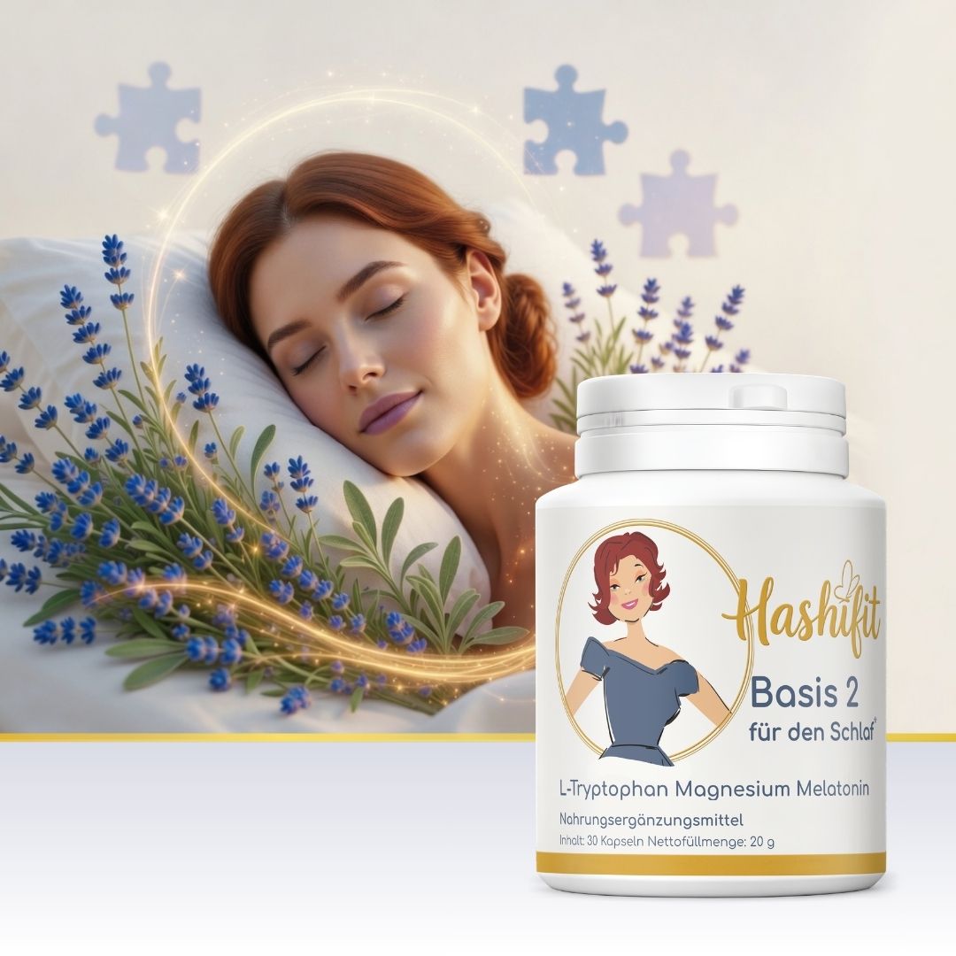 Hashifit Basis 2 für den Schlaf neben einer schlafenden Frau und Lavendel.