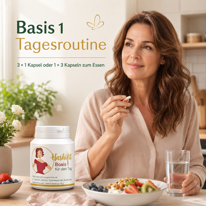 Frau nimmt Hashifit Basis 1 zum Frühstück mit Wasser ein, drei Kapseln täglich zu einer Mahlzeit.