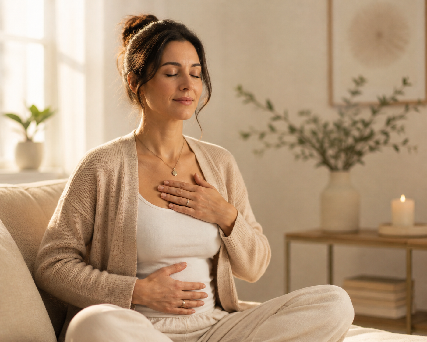 Frau in ruhiger Haltung symbolisiert Zusammenspiel von Darm, Hormonen und Nervensystem bei Hashimoto