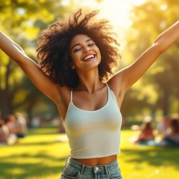 gut gelaunte frau mit ihren armen in den hillel in der sonne hashifit vitamin d3 