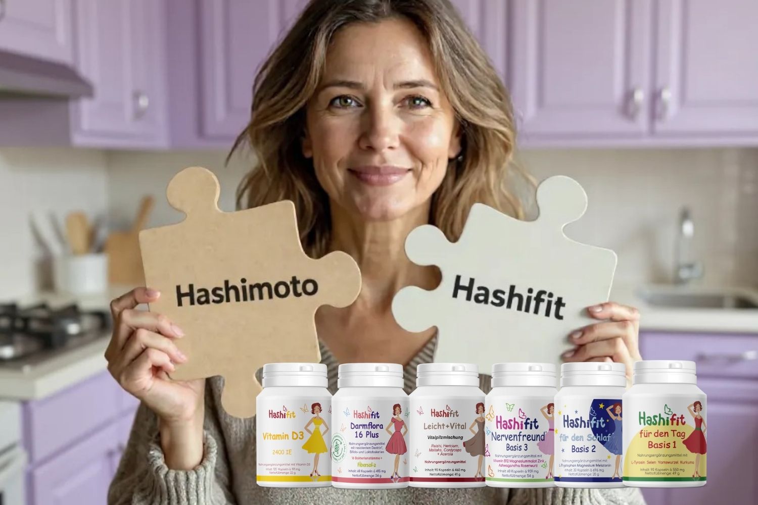 Frau in den Wechseljahren mit Hashifit Wechseljahre-Paket – Balance für Hormone und Schilddrüse