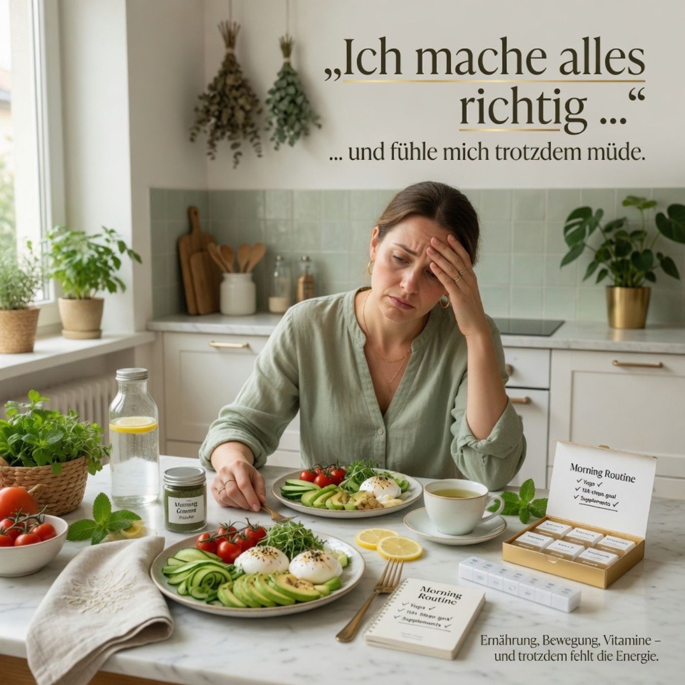 Frau wirkt erschöpft trotz gesunder Ernährung – typische Müdigkeit bei Hashimoto trotz gesunder Lebensweise
