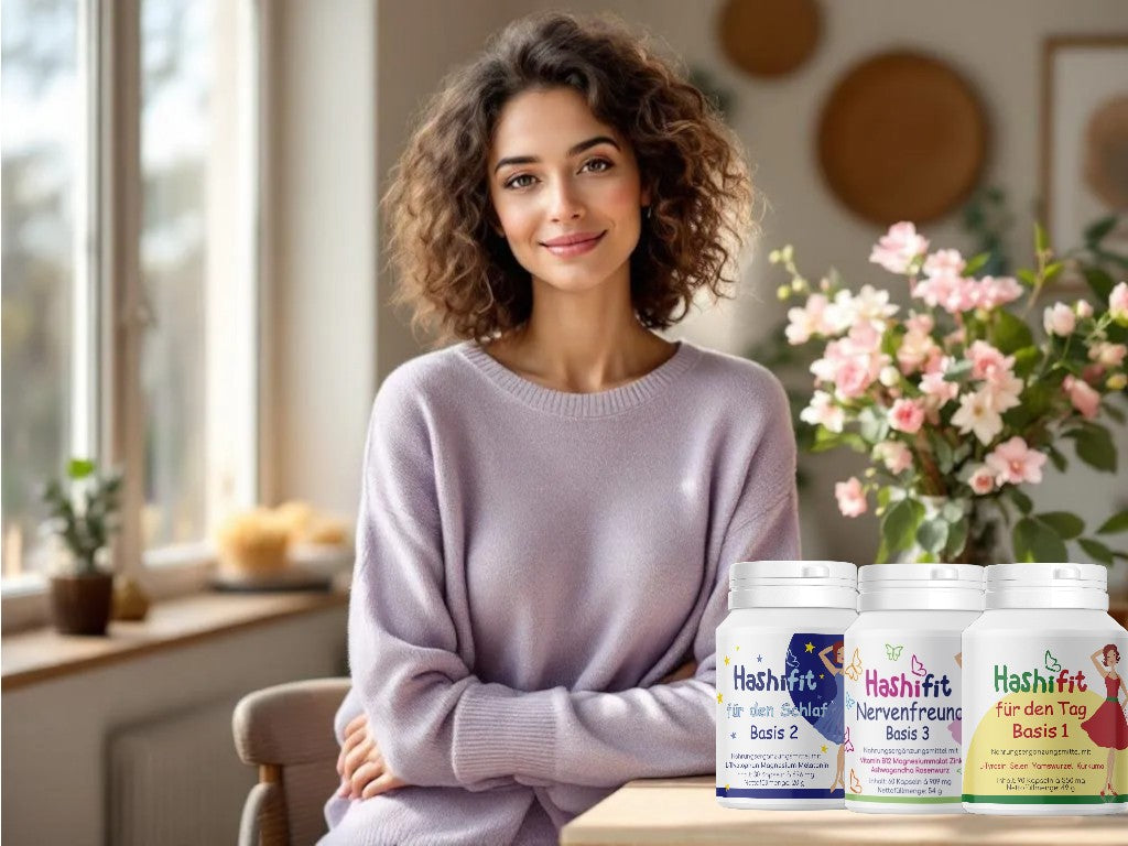 Frau mit Hashifit Grundversorgungspaket – Basis 1, Basis 2 und Basis 3 für Hashimoto
