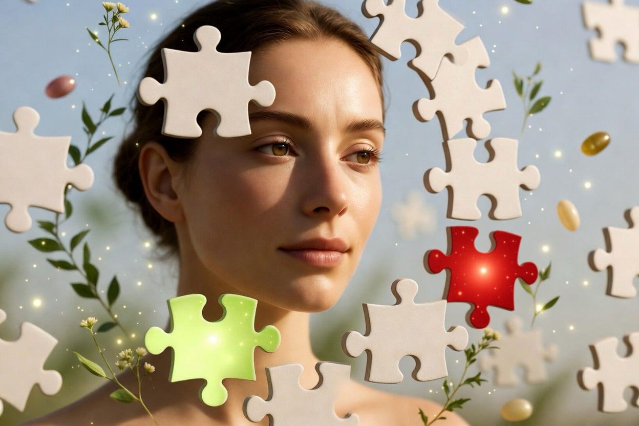 Frau mit Puzzle-Teilen als Symbol für ganzheitlichen Ansatz bei Hashimoto – Basis 1 und LeberBalance im Hashifit System