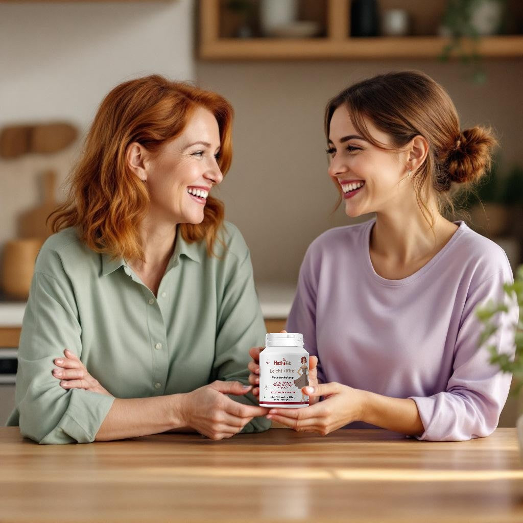 zwei frauen unterhalten sich über Hashifit Leicht & Vital – Cordyceps und Vitalpilze für Stoffwechsel und Energie