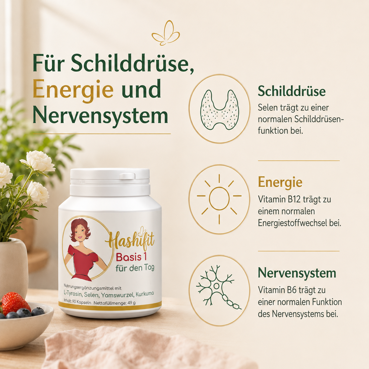 Hashifit Basis 1 mit Selen für die normale Schilddrüsenfunktion sowie Vitamin B6 und B12 für Nervensystem und Energiestoffwechsel.