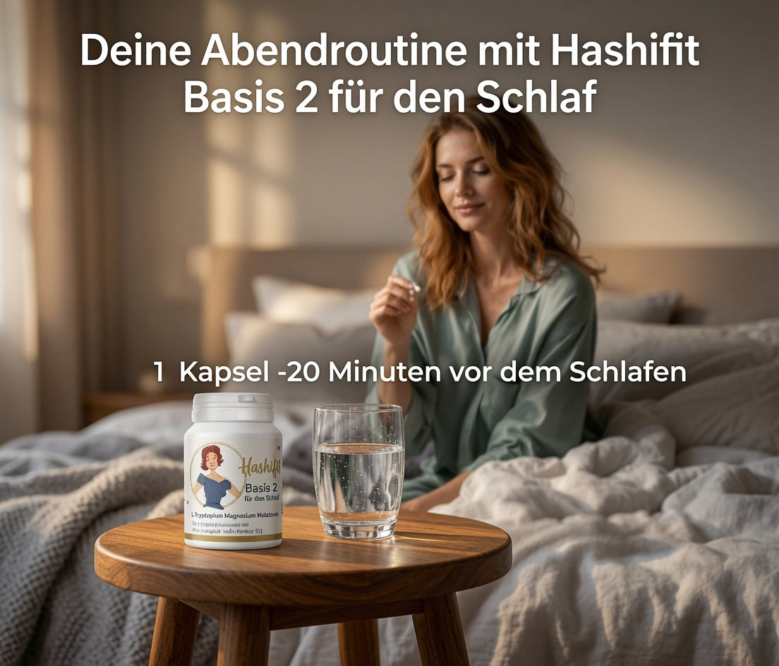 Frau im Bett mit Hashifit Basis 2 – abendliche Unterstützung bei Schlafproblemen durch Magnesium und Melatonin