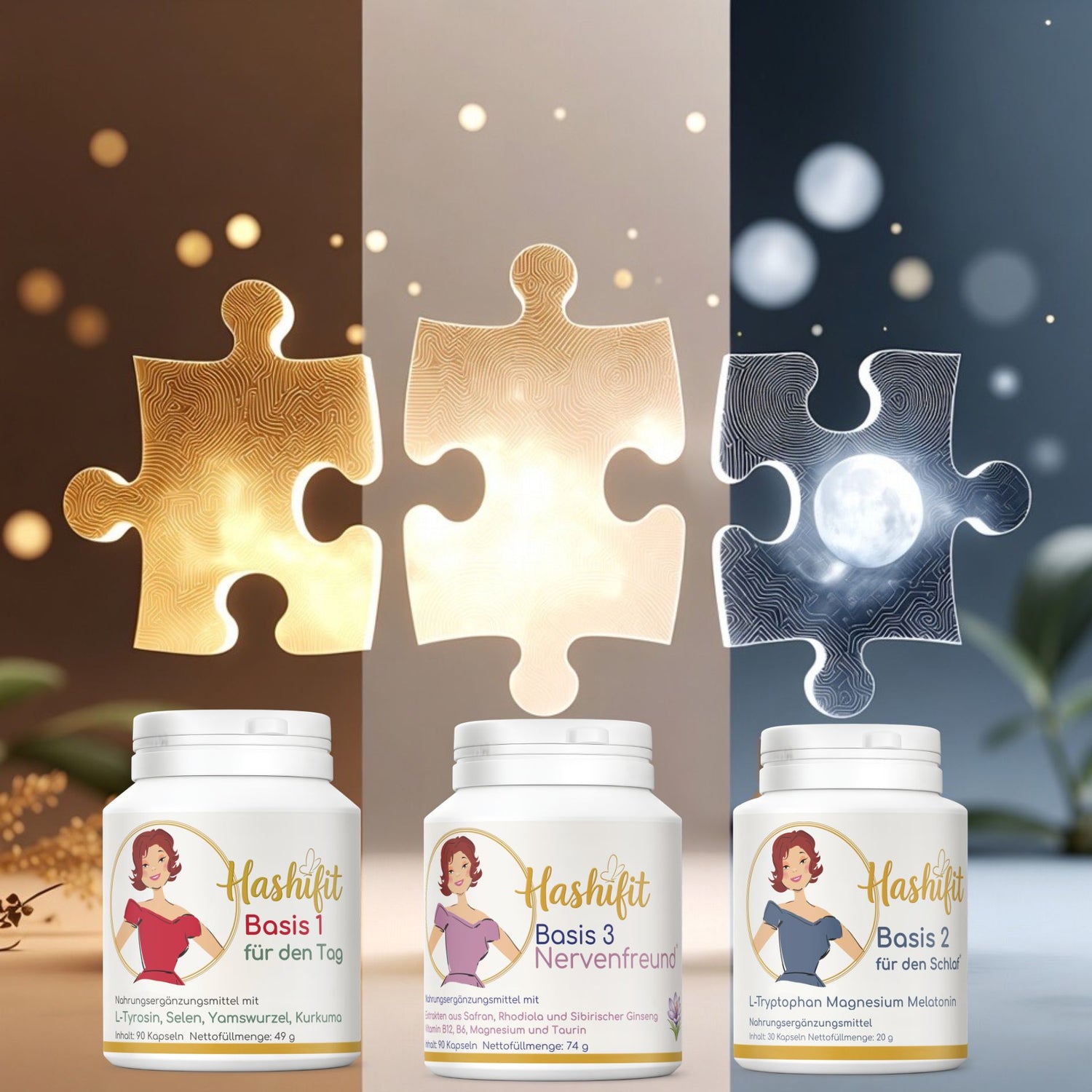hashifit basis produkte Basis 1 für den Tag, Basis 2 für den schaf, Basis3 Nervenfreund