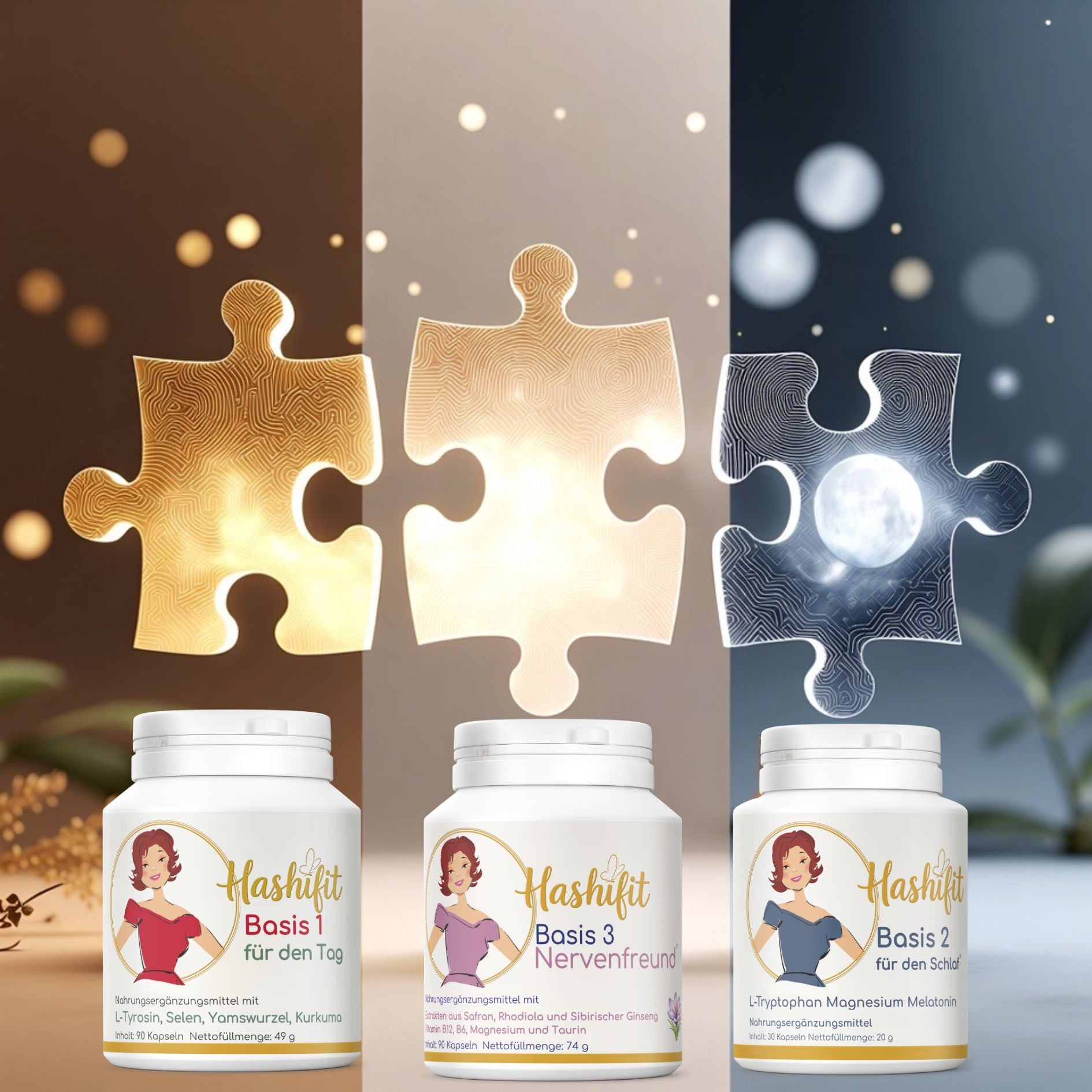 hashifit basis produkte Basis 1 für den Tag, Basis 2 für den schaf, Basis3 Nervenfreund