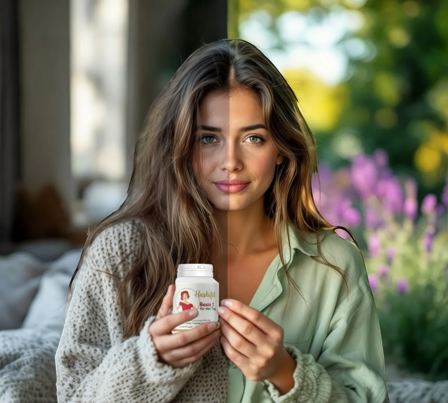 Hashifit Basis 1 Vitalstoffe Energie Schilddrüse Hashimoto supplement bottle held by a woman in a cozy sweater and green shirt.
