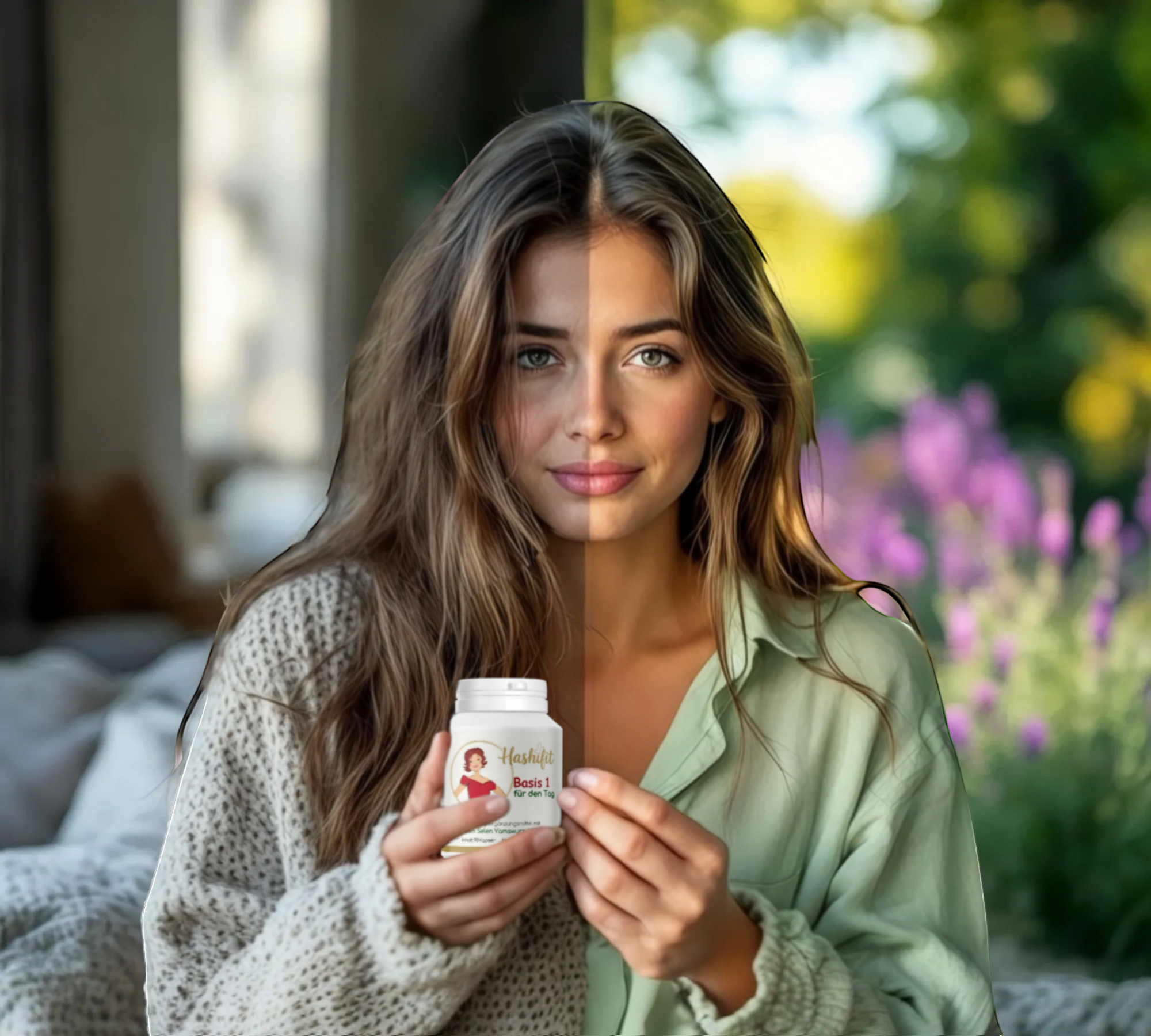 Hashifit Basis 1 Vitalstoffe Energie Schilddrüse Hashimoto supplement bottle held by a woman in a cozy sweater and green shirt.