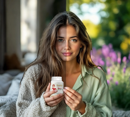 Hashifit Basis 1 Vitalstoffe Energie Schilddrüse Hashimoto supplement bottle held by a woman in a cozy sweater and green shirt.