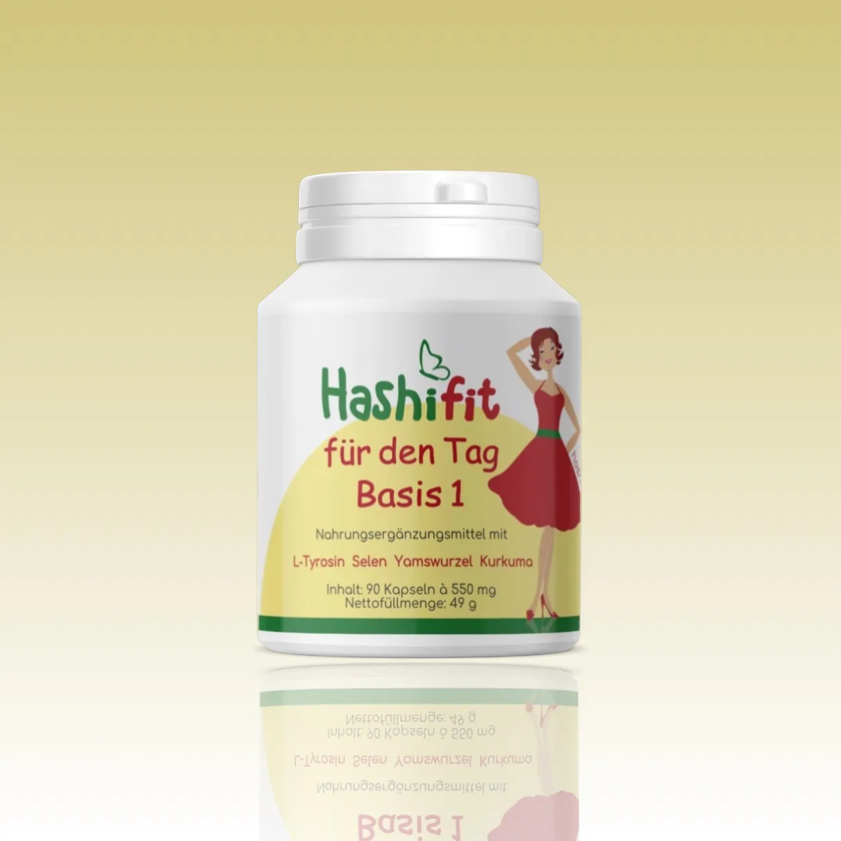 Hashifit Basis 1 daily supplement bottle with 90 capsules for thyroid support and energy. Vegan.