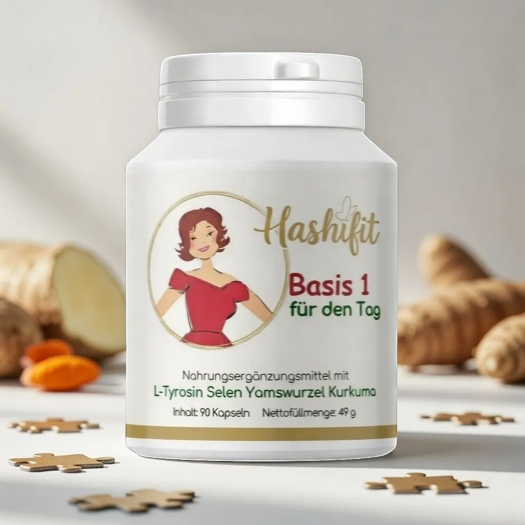 Hashifit Basis 1 dietary supplement bottle with L-Tyrosine, Selenium, Yamswurzel, and Curcuma for thyroid support and energy.