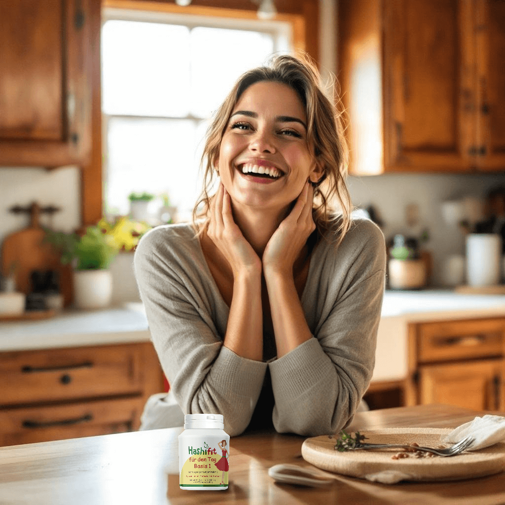 Glückliche Frau am Küchentisch mit Hashifit Basis 1 – Vitalstoffe für Energie, Hormonbalance und Wohlbefinden bei Hashimoto