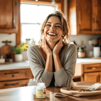 Glückliche Frau am Küchentisch mit Hashifit Basis 1 – Vitalstoffe für Energie, Hormonbalance und Wohlbefinden bei Hashimoto