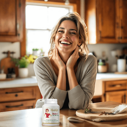 Glückliche Frau am Küchentisch mit Hashifit Basis 1 – Vitalstoffe für Energie, Hormonbalance und Wohlbefinden bei Hashimoto