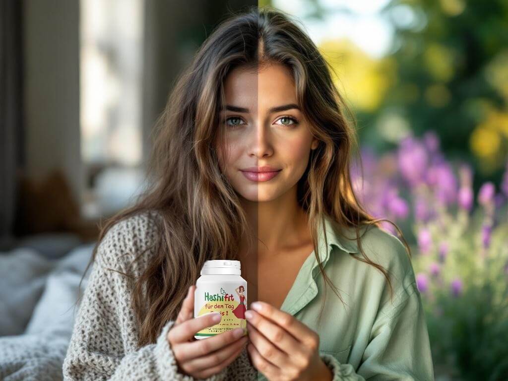 „Frau zeigt symbolisch den Unterschied vor und nach Hashifit Basis 1 – mehr Energie und Lebensfreude bei Hashimoto