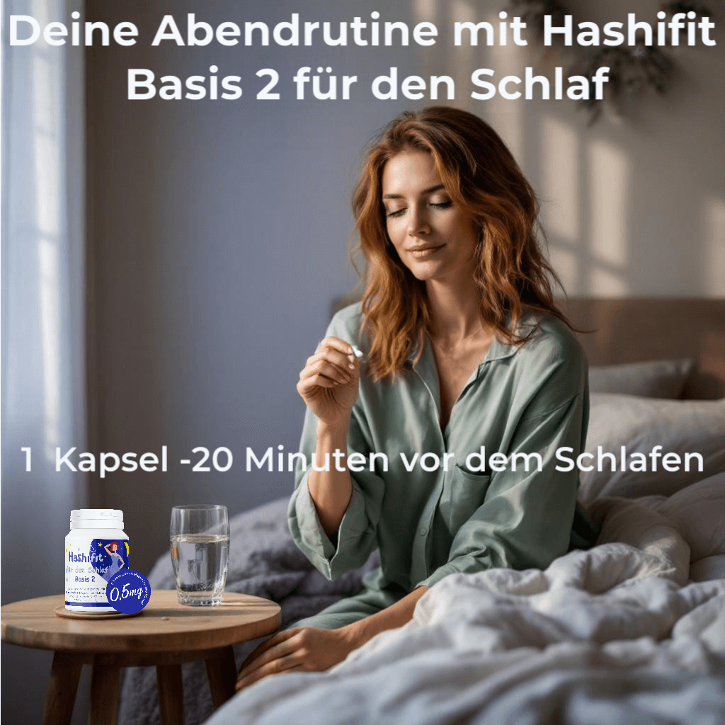Frau im Bett mit Hashifit Basis 2 – abendliche Unterstützung bei Schlafproblemen durch Magnesium und Melatonin