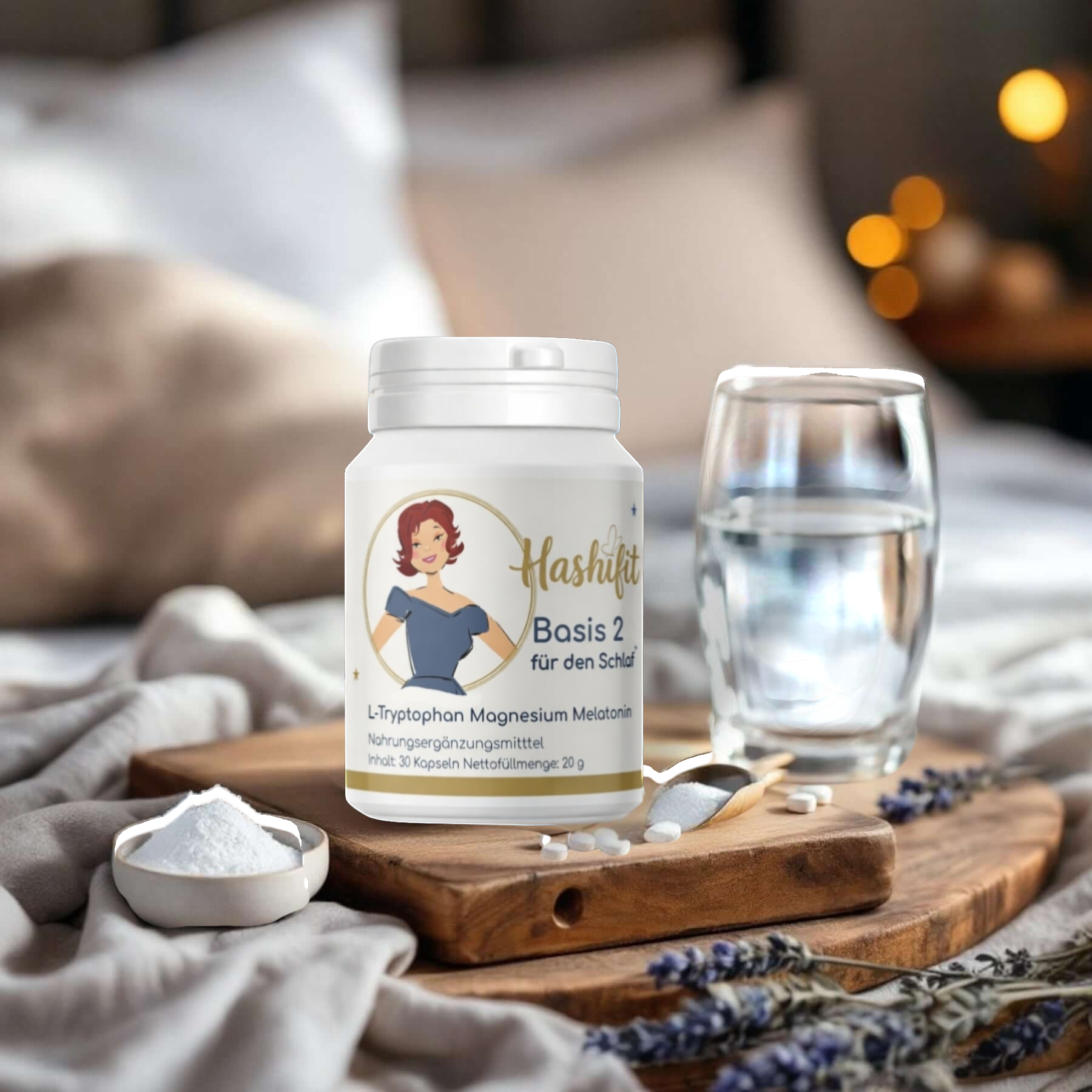 Hashifit Basis 2 auf Nachttisch mit Glas Wasser – natürliche Abendroutine für erholsamen Schlaf