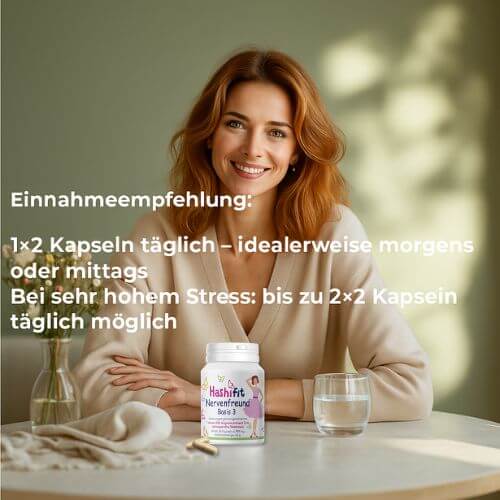 Frau mit Hashifit Basis 3 – Nervenfreund, Einnahmeempfehlung für Ruhe, Konzentration und Stressbalance bei Hashimoto