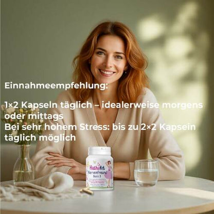 Frau mit Hashifit Basis 3 – Nervenfreund, Einnahmeempfehlung für Ruhe, Konzentration und Stressbalance bei Hashimoto