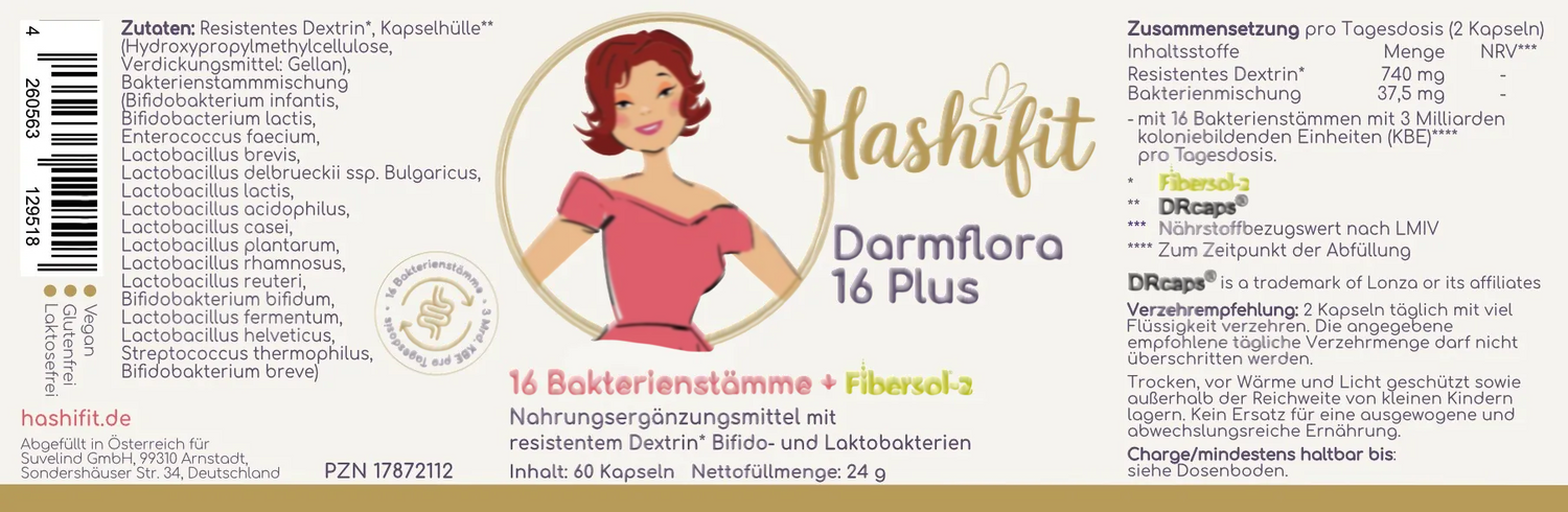 Hashifit Darmflora 16 Plus capsules with 16 bacterial strains and Fibersol-2 for gut health and immune support.