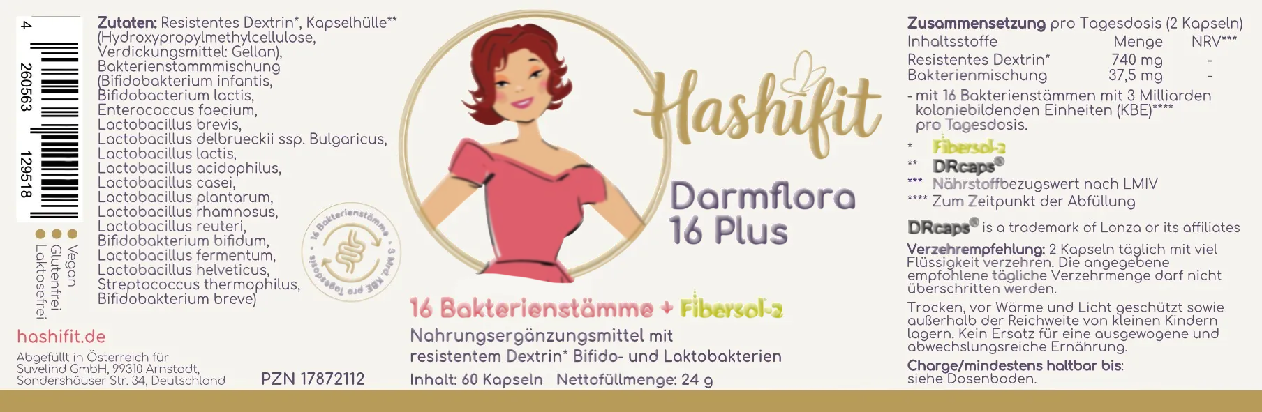 Hashifit Darmflora 16 Plus capsules with 16 bacterial strains and Fibersol-2 for gut health and immune support.