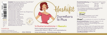 Hashifit Darmflora 16 Plus capsules with 16 bacterial strains and Fibersol-2 for gut health and immune support.