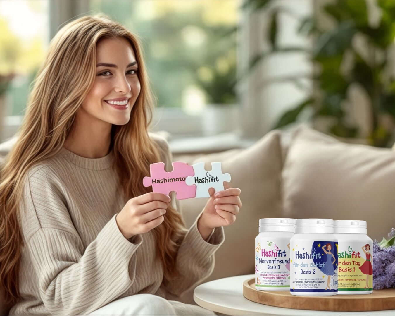 Frau mit Hashifit-Puzzleteilen – Symbol für die ganzheitliche Balance mit Hashifit Vitalstoffen
